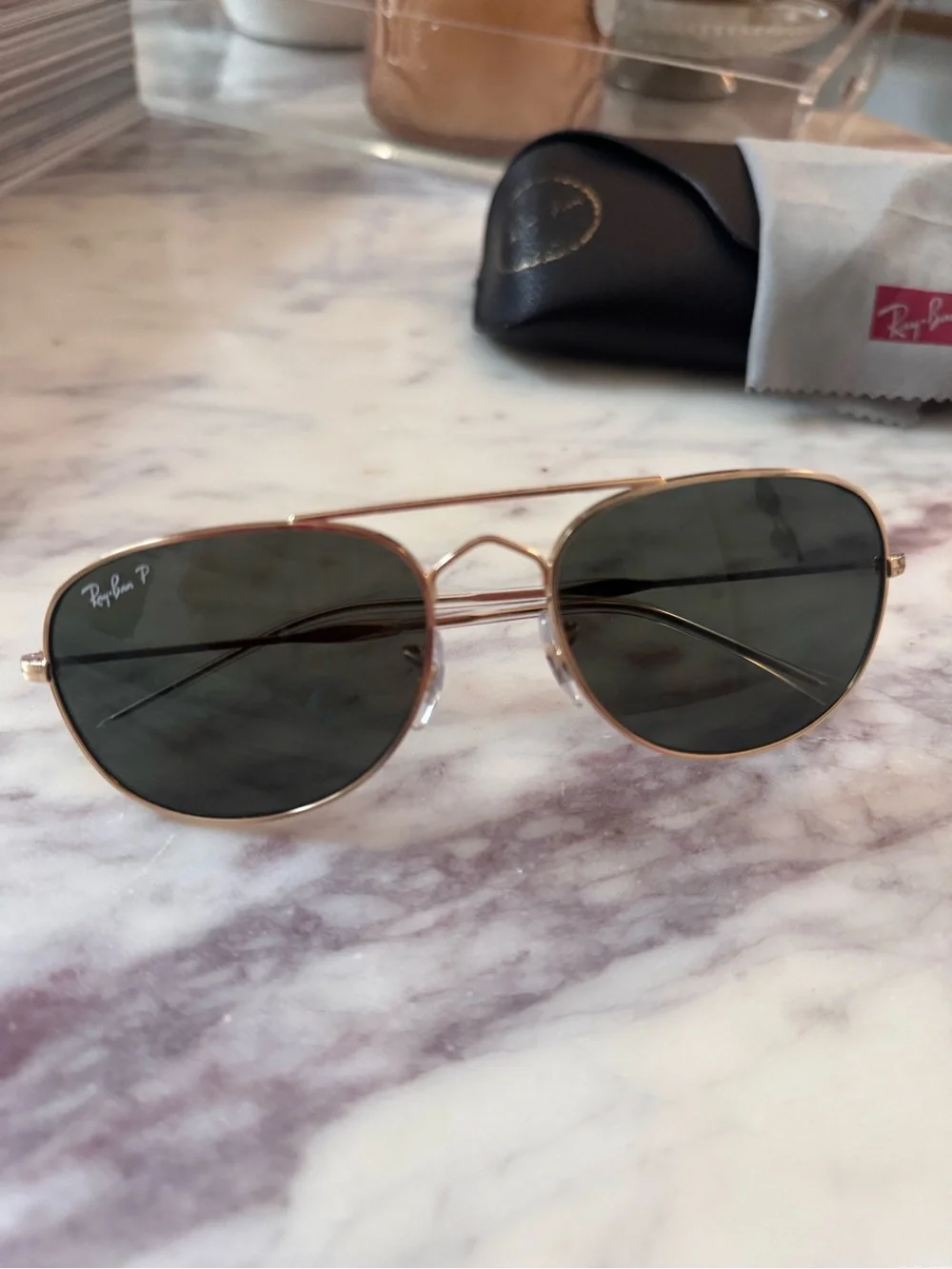 Ray-Ban Polarized Gold Frame Sunglasses with Dark Lenses RB3735